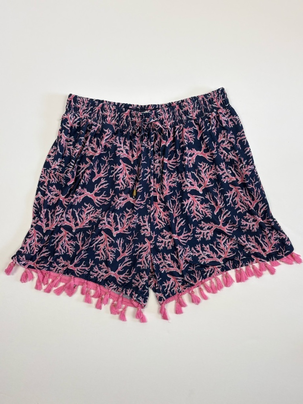 Simply Southern Navy Shorts w/ Pink Coral Print & Pink Tassels Large/XL Preppy